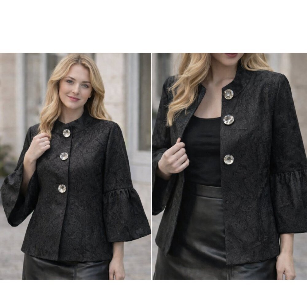 Laura Ashley Black Jacquard Lantern Sleeve Cropped Blazer Gem Buttons Large